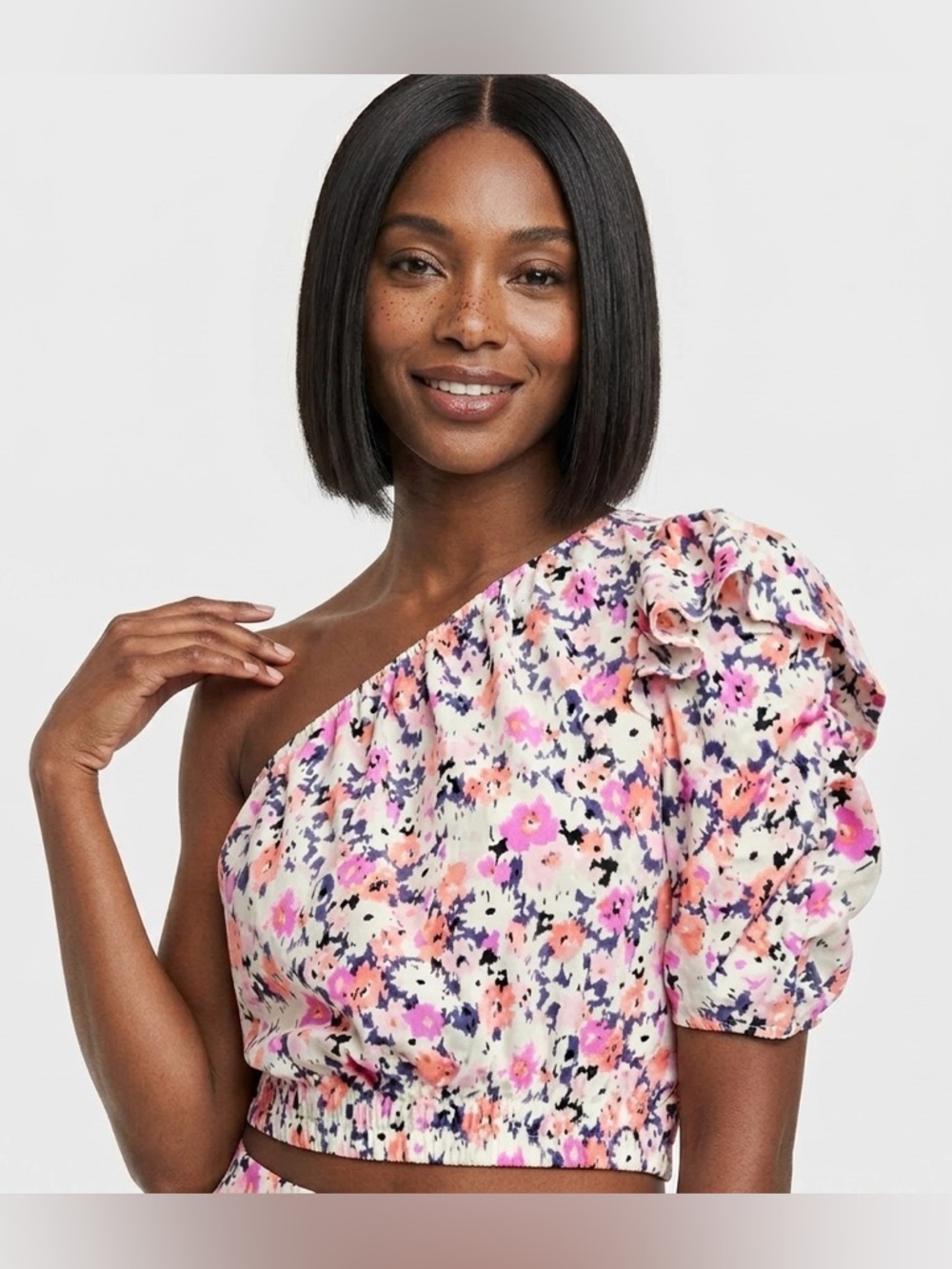Universal Thread One-Shoulder Floral Crop Top in Pink, Purple & Cream